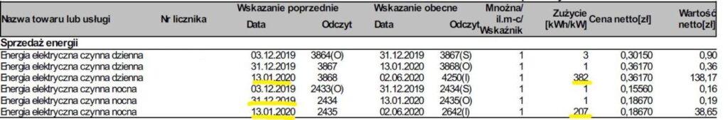 Rozpiska płatności za prąd